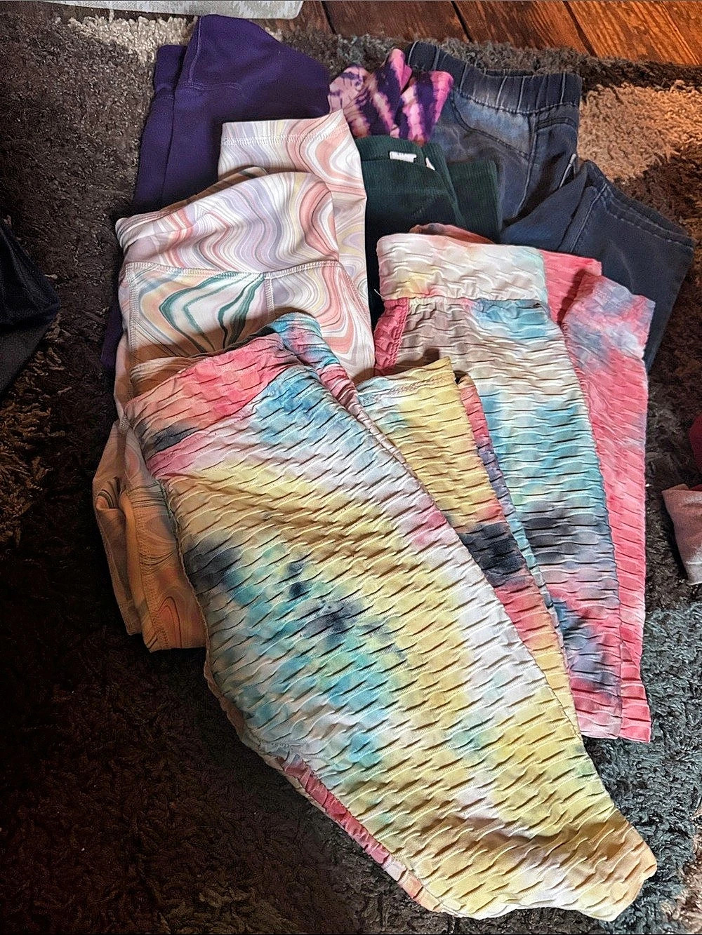 Girls 6 SIX pairs of size 12 leggings Rainbow Purple Tiedye Jeggings Swirl